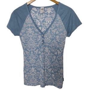 Prana Burnout Damask Organic Cotton Button-up V-neck Raglan Short Sleeve Tee